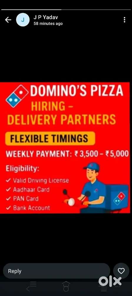 Delivery partner job available in Domino's Pizza