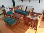 3+1+1 Wooden Sofa Set With Center table and 2 puffy