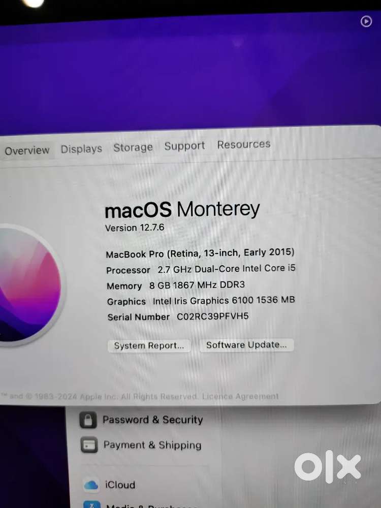 Apple Mecbook Pro  8/256 SSD i5 Retina 13 inch