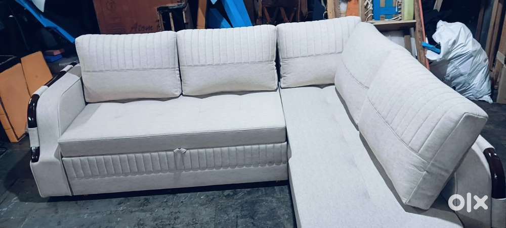 L Shape Sofa Cum Bed Suede Fabric