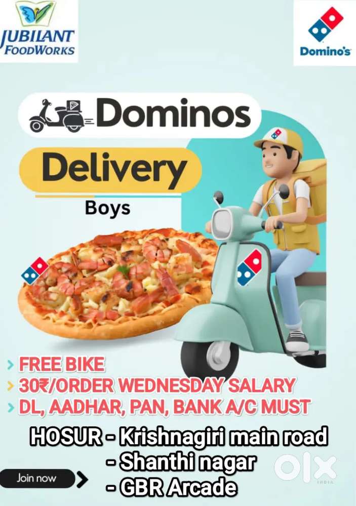 DOMINOS HOSUR - PIZZA DELIVERY FREE BIKE+PETROL / ORDERPAY+INCENTIVES