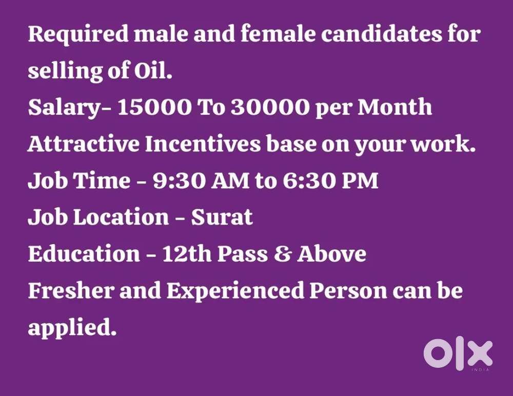 REQUIRED MALE AND FEMALE CANDIDATE FOR SELLING OF ENGINE OIL