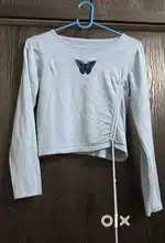 URBANIC Light Blue Ruched Top with Butterfly Embroidery – Size S/M