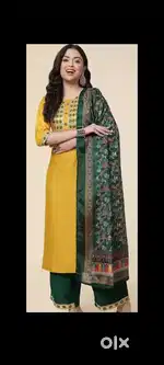 Yellow and green kurthi stiched with shawl