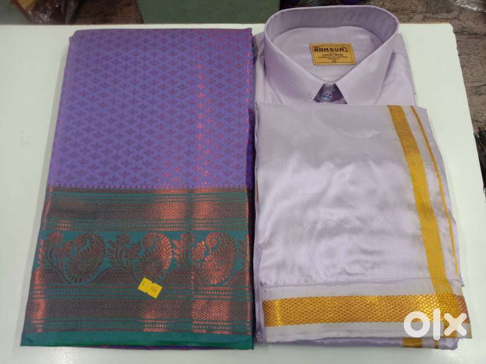 TRENDY PREMIUM ART SILK SHIRT MATCHING DHOTI WITH SAREE SET