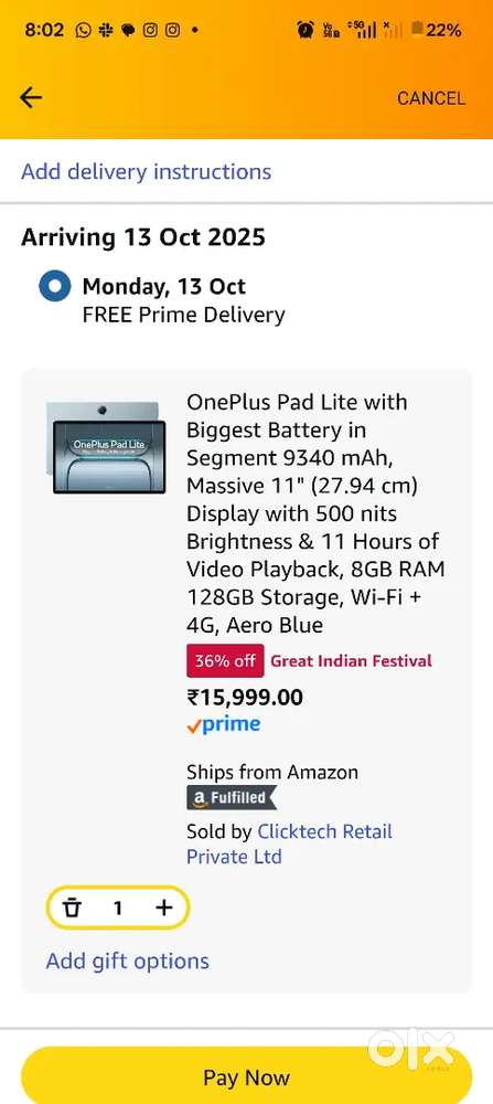 OnePlus PadLite with Bigg 8GB RAM 128GB Storage, Wi-Fi + 4G, Aero Blue