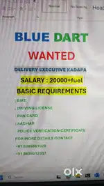 Kadapa location Delivery executive required for blue dart logistics