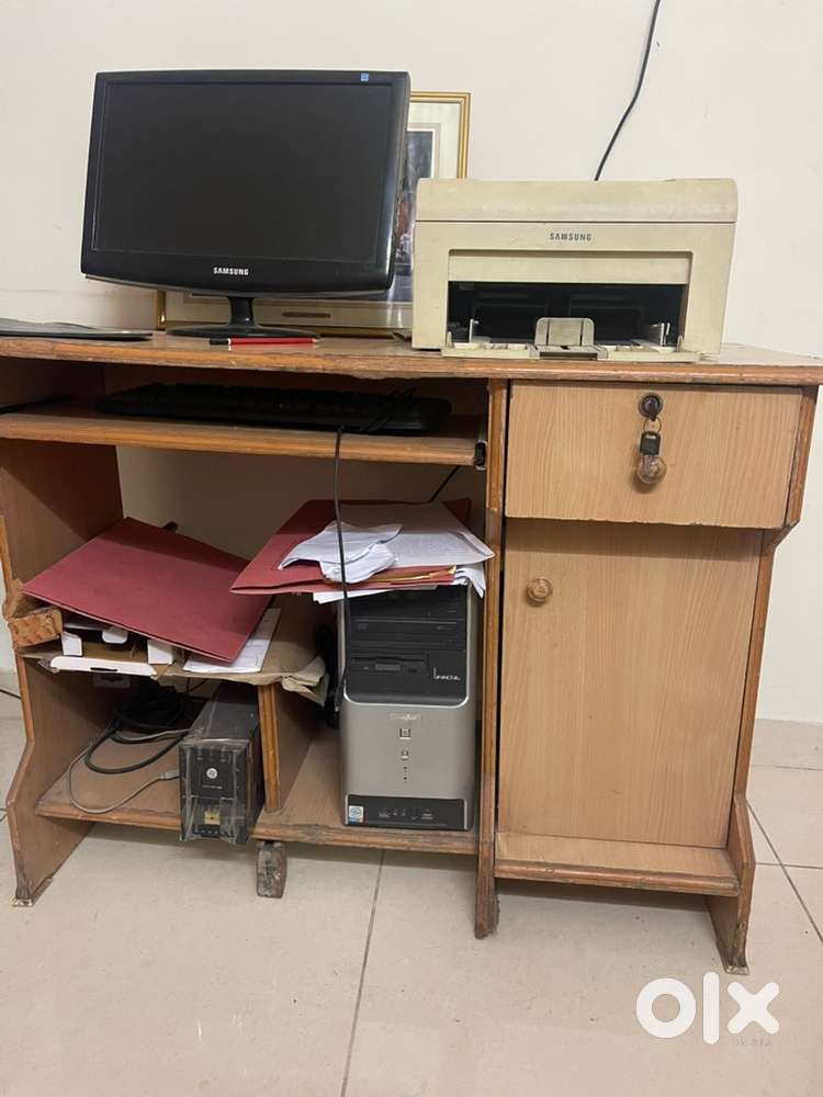 Desk top computer with table and printer