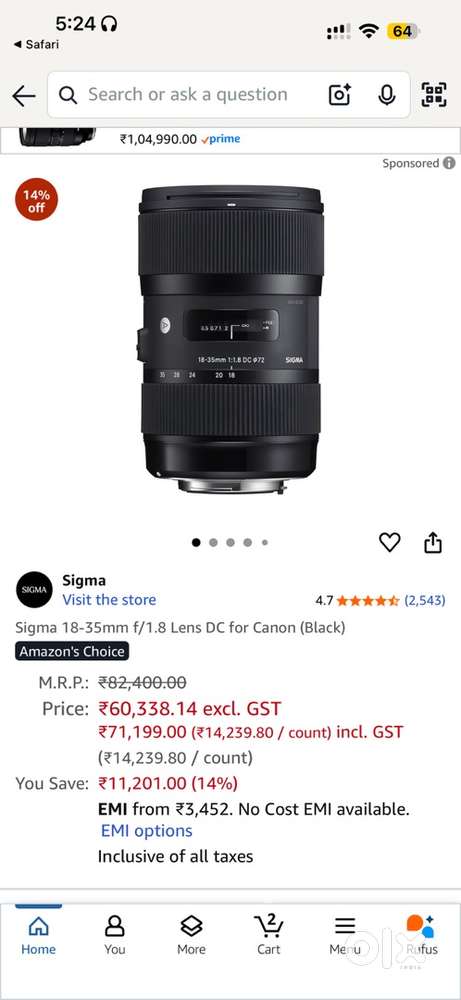 Sigma 18-35 1.8 lens Canon mount