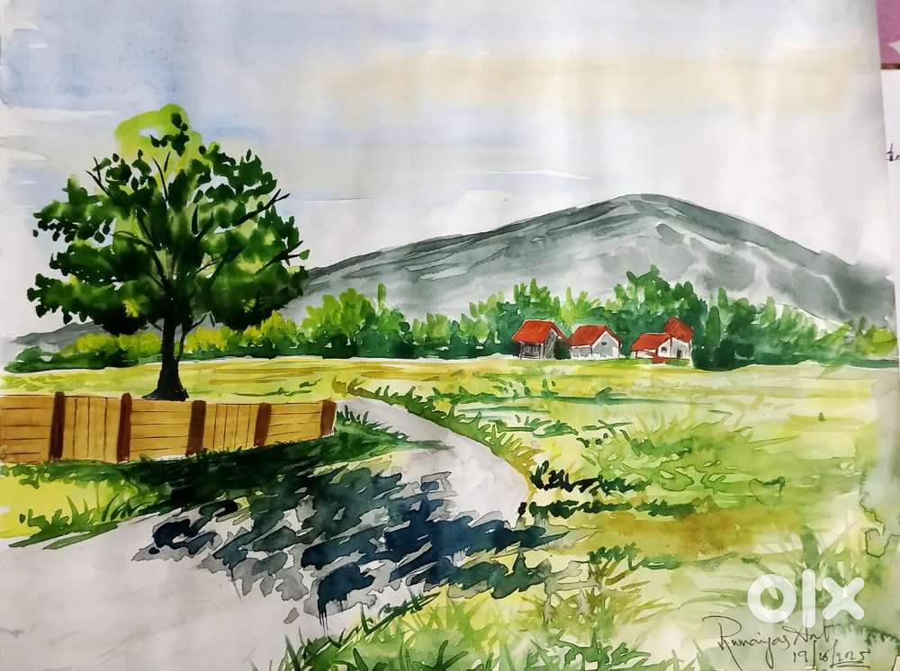 Handmade Watercolor Landscape Painting – Beautiful Village Scenery