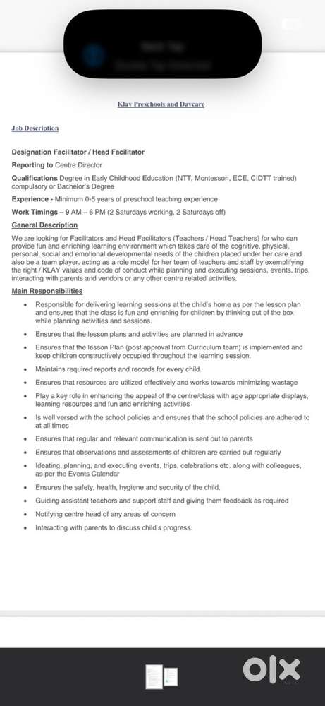 Pre Primary Teacher / Facilitator