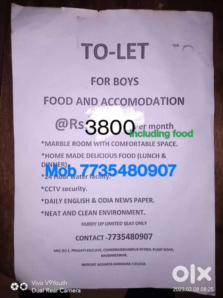 Boys hostel including food 3800 per month
