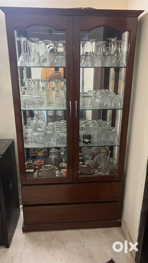 Elegant Glass-Front Crockery Cabinet with Mirror Back & Light