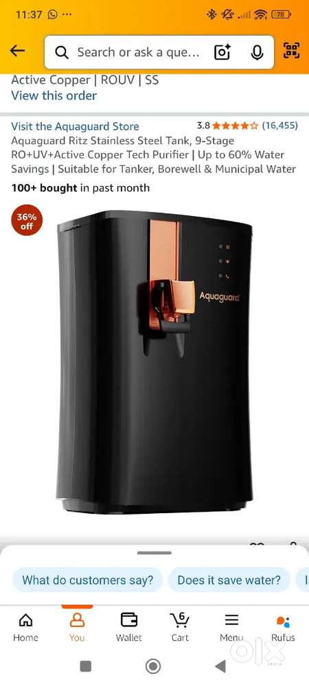 Aquaguard Ritz Stainless Steel Tank RO+UV+Active Copper Tech Purifier