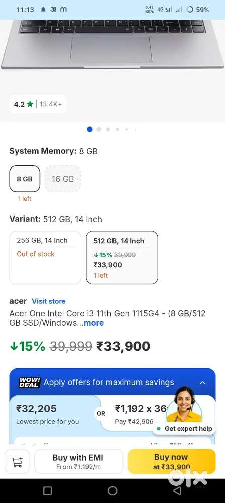 Laptop Acer one intel core i3 11gen 1115g4 (8gb/512gb)SSD windows 1...