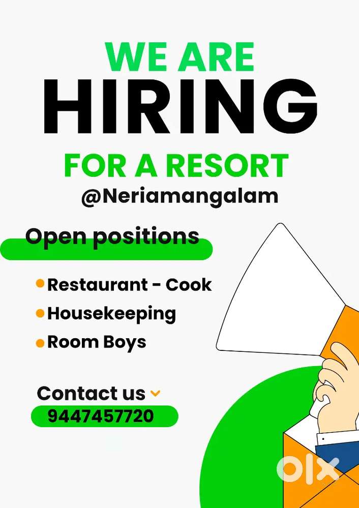 Hiring for staffs at a resort at Neriamangalam