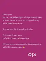 Hi everyone,
We are a couple looking for aroom in Noida (Sector 77)