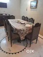 Solid Teakwood intricate carving mica top Dining Table with 8 chairs