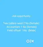 Tele callers need 2No, Accountant 1No (female) field officer 1No male
