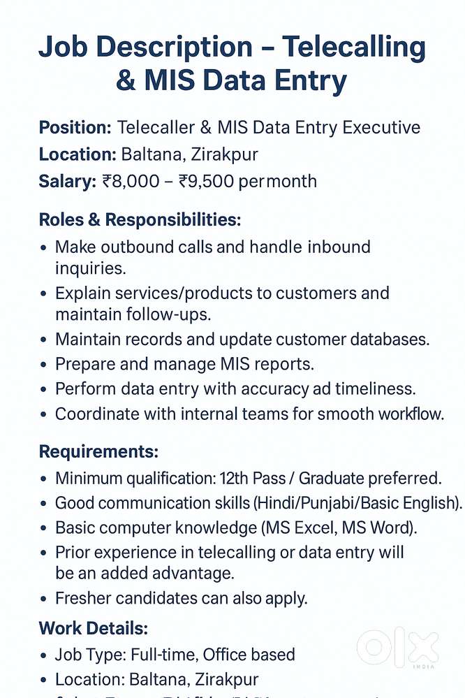 Job Vacancy – Telecalling & MIS Data Entry