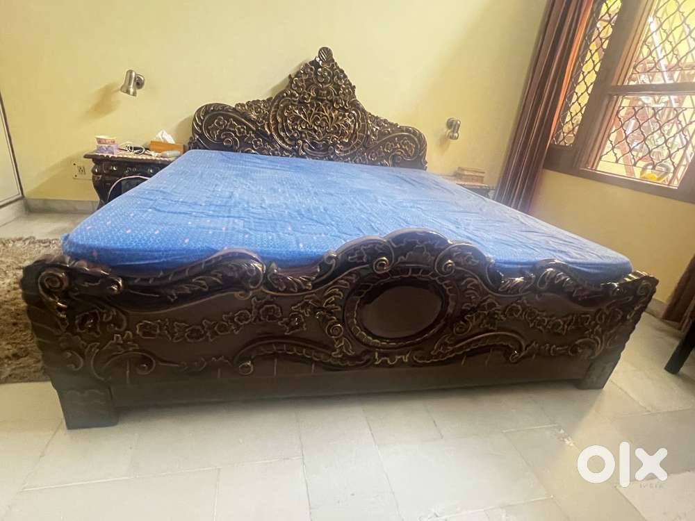 Teak wood fully carved double bed with side tables