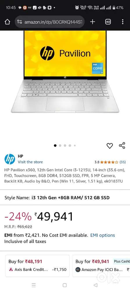 HP Pavilion x360 12th Gen Intel Core i3-1215U 14-inch FHD Touchscreen