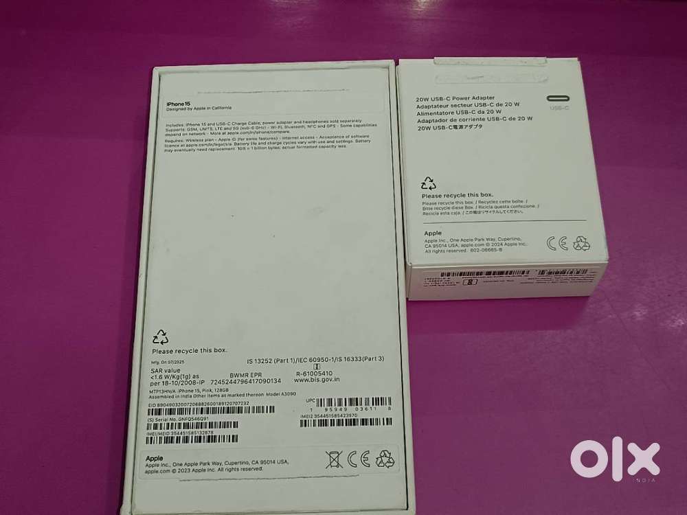 iPhone 15 purchase 15 August 2025 8gb rom 128gb Ram with paper charger