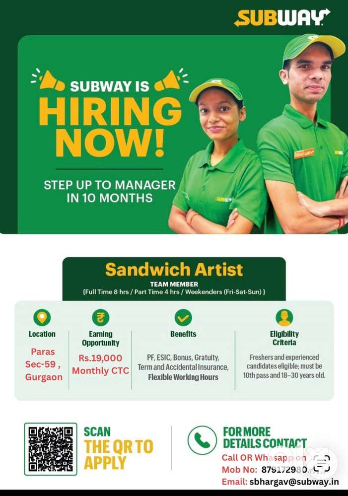 Subway hiring sandwich artist