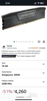 CORSAIR Vengeance 16GB RAM (1x16GB) DDR5 DRAM 5200MHz Memory Kit Black