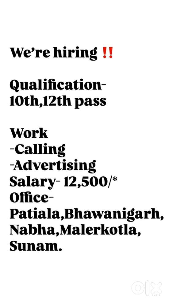 Qualification:- 10th,12th pass!! Work:- calling, advertising,trainer