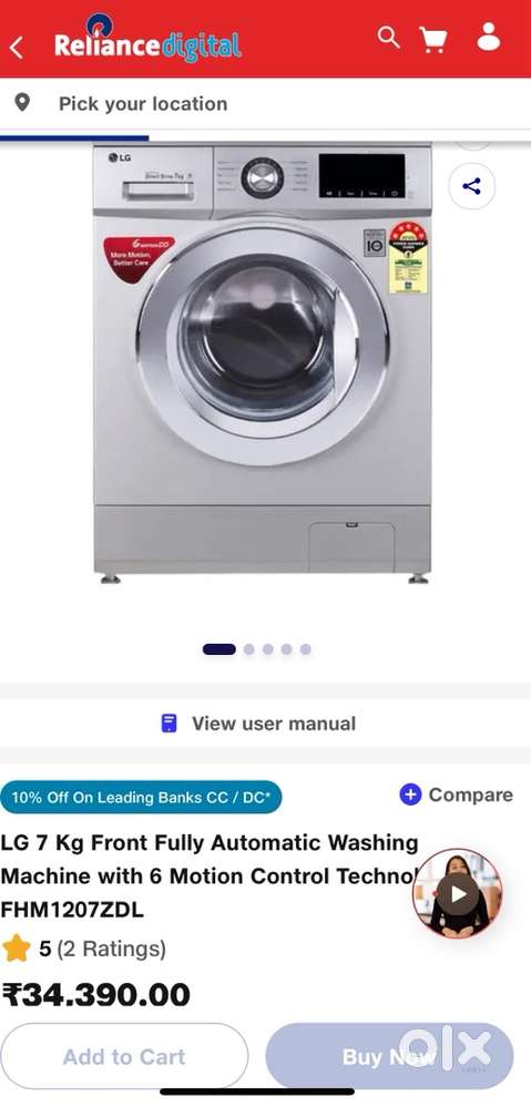 LG front load 7 kg fully Autometic machine with 6 motion control