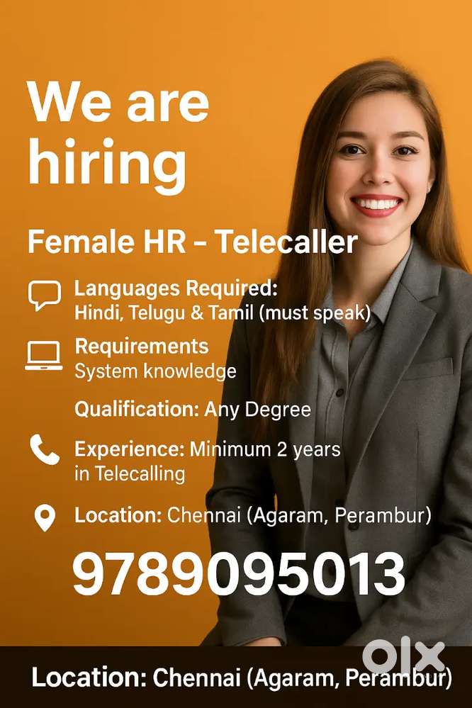 Need experience Female Telecaller Hindi( must ),tamil,and Telugu ,