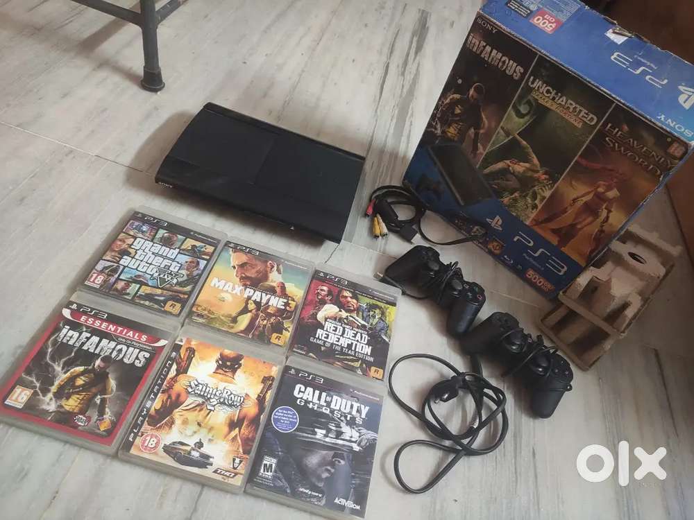 Ps3 super slim 500gb hardisk problam ps3 games 6cd 2cantroal