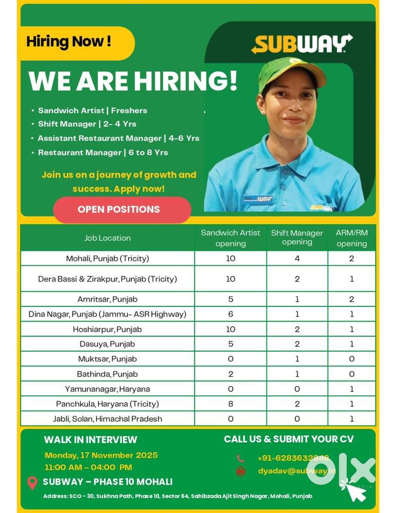Subway Restaurant is Hiring Fresher Team Members in Zirakpur