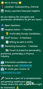 Hiring for Newly launched Neonatal Hospital in Guruvancherry