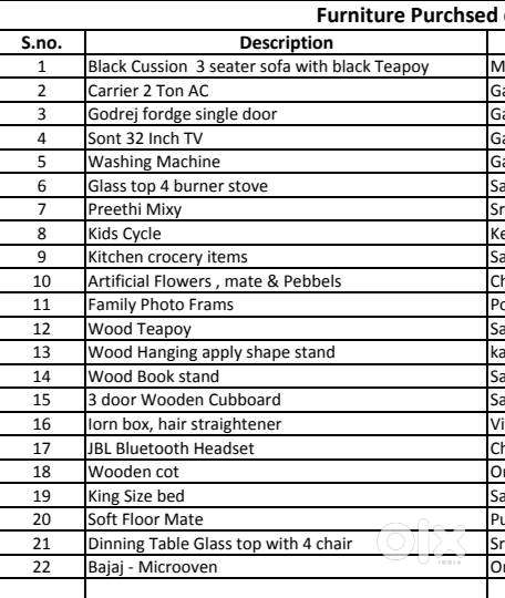 Bed, dining, tv, fridge, chairs AC all items