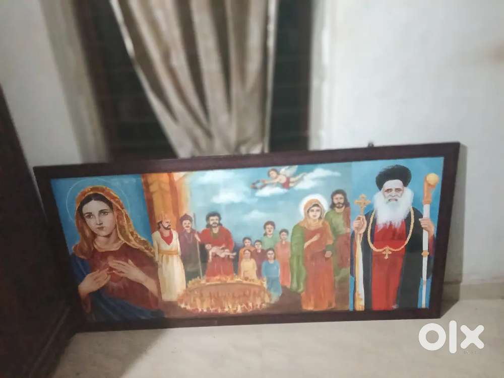 Painting of Orthodox bishop and Mary. Glass and wooden framed