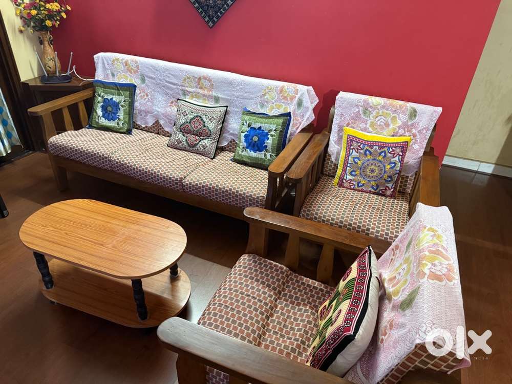 Wooden sofa 3+2 seater Dining glass top table with 6 chairs