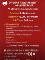 Urgent Requirement - Lab Assistant CBSE School, Aliganj, Lucknow