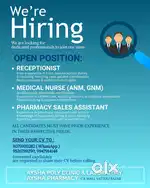Job vacancy for Receptionist, Nurses, Pharmacy sales assistant