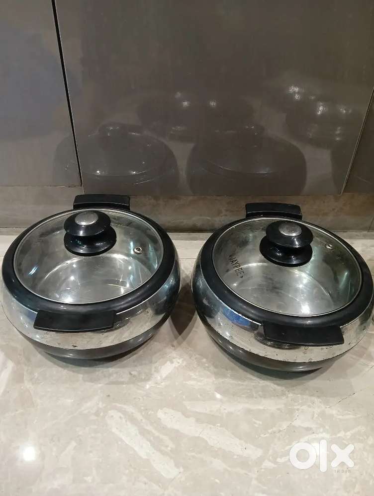 Kitchen Utensils, 2 casseroles, idli maker, dinner plates, water glass