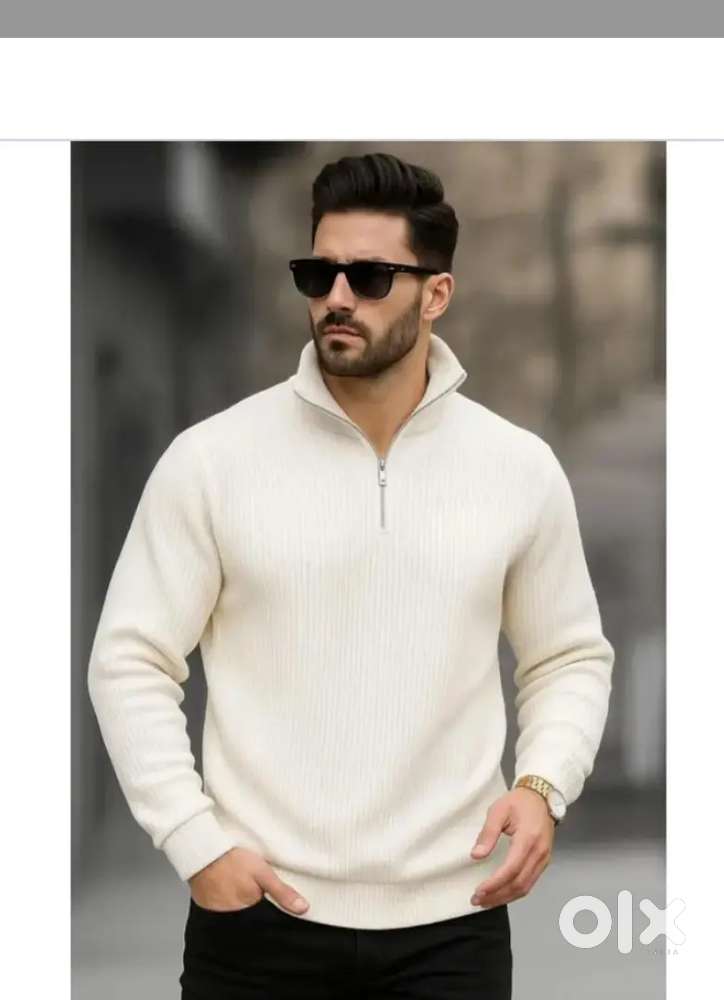 Men's white ribbed half zip sweatshirt