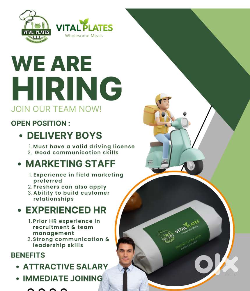 Urgent hiring for Delivery boy, Marketing staff and Experienced HR