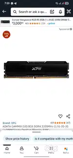 DDR4 ram 16gb  2×8=16gb 3200 mhz xpg brand