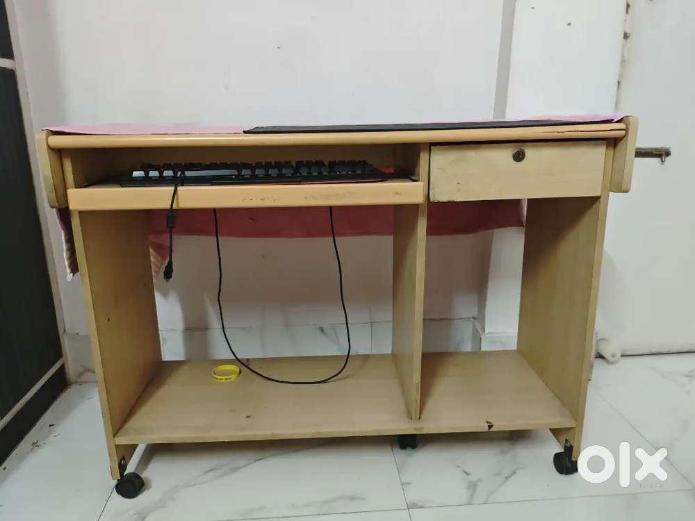 Sturdy Wooden Computer Table with Keyboard Tray & Storage Space