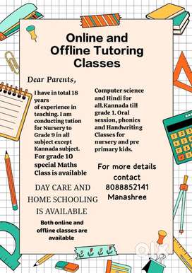 Online and offline tution classes for Nursery to 9th grade all sub