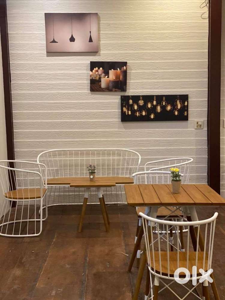 All new wood and white unique premium cafe tables and chairs
