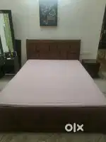 Wooden Queen bed with storage. 6 years old + Bedside drawer + mattress