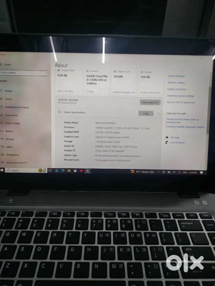 Hp laptop 8GbRam i5 7 generation 128mb Graphics 256 storage