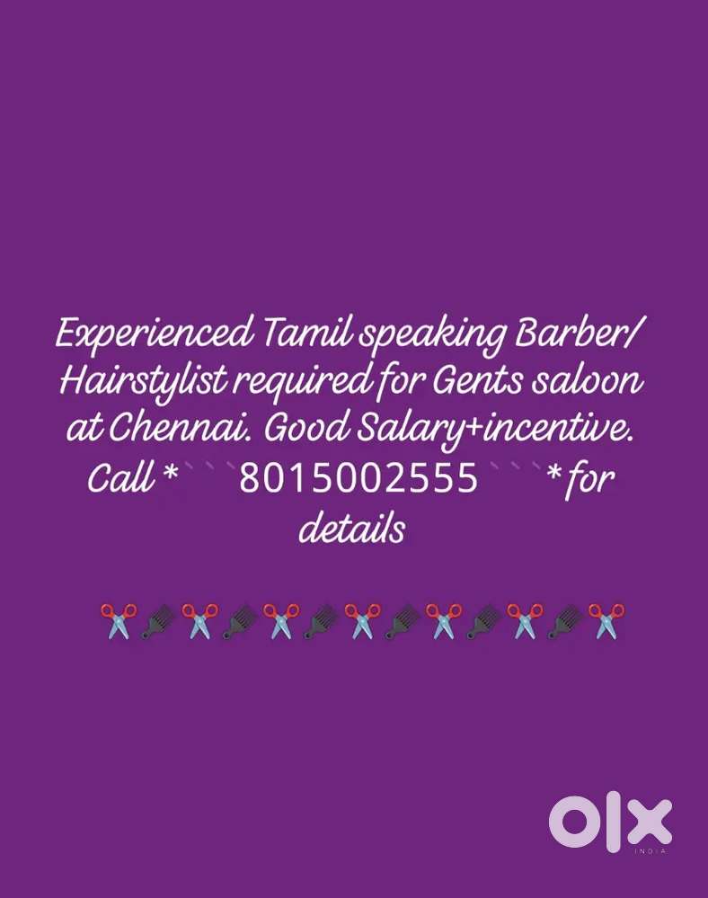Barber (Hair stylist) required for Gents saloon at Virugambakkam